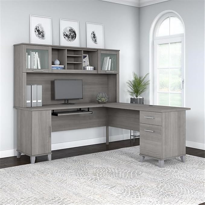 Bush Furniture UrbanPro 72W L Shaped Desk with Hutch in Platinum Gray - Engineered Wood