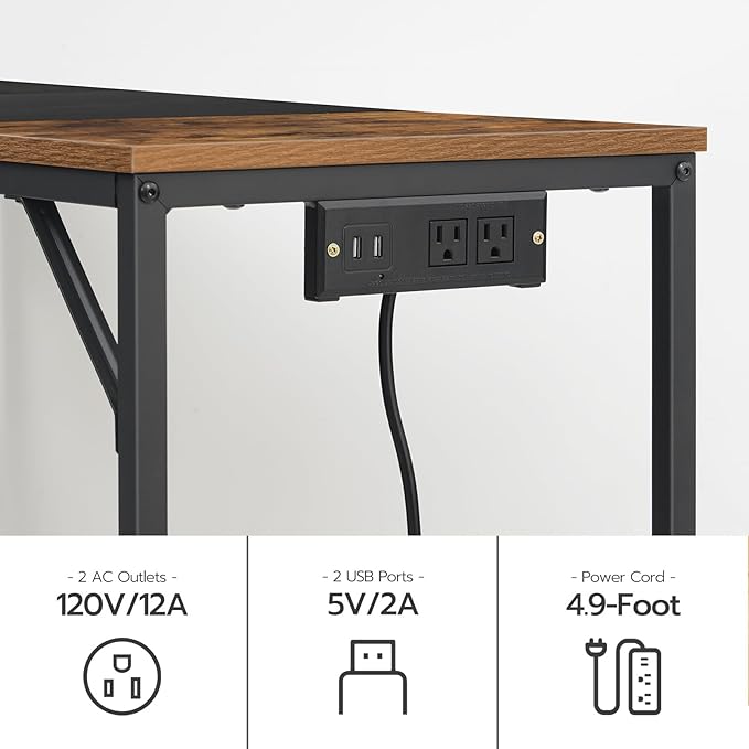 HOOBRO Computer Desk, Home Office Desk with Power Outlet, Modern Study Writing Desk with 3 Hooks for Study Room, Home Office, Sturdy and Stable, Easy to Assemble, Rustic Brown and Black BF41UDN01