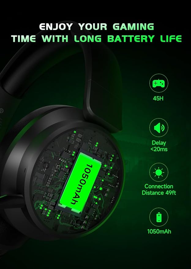RYR Wireless Gaming Headset for Xbox Series X|S, Xbox One, PS5, PS4, Switch, Mac, Bluetooth 5.3, 3D Surround Sound, Rotatable Earmuffs, Gaming Headphones with Noise Canceling Microphones-Blackgreen
