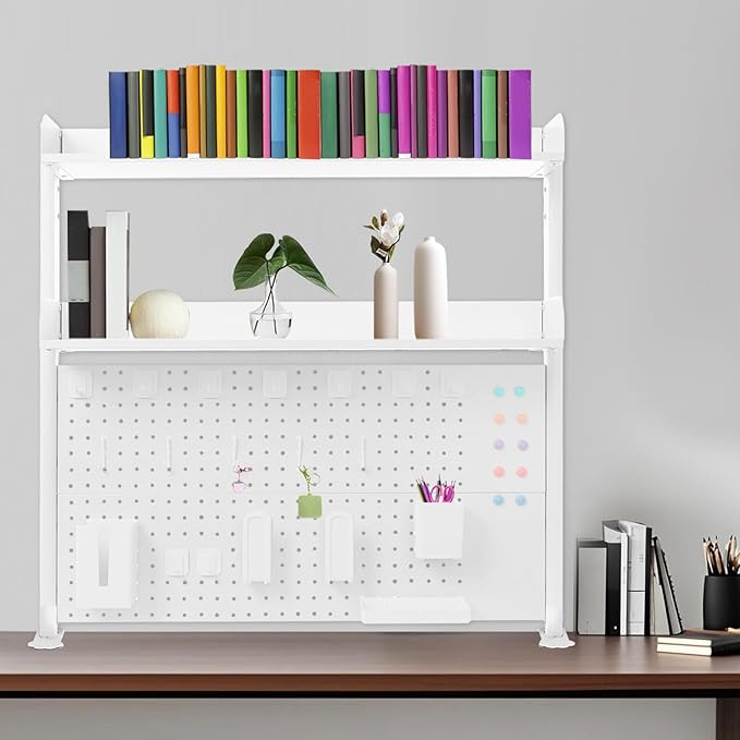 Desktop Hutch Bookshelf with Pegboard, Multipurpose Desk Shelf Clamp Bookcase Storage Rack Display Shelf Clip-on Desk Top Organiser for Home Office Dorm, Study Rooms, Bedrooms