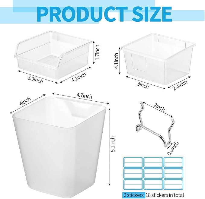Uiifan 18 Set Pegboard Bins Kit Plastic Pegboard Cups with Metal Hooks Wall Containers Organizer Accessories with Label Stickers for DIY Tools Craft Office Workshop Garage Storage(Clear)