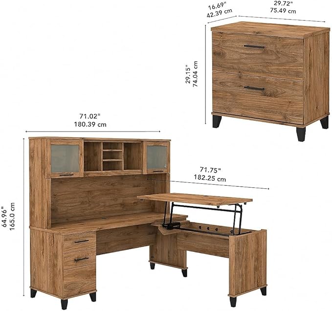 Bush Home Somerset 72W 3 Position Sit to Stand L Shaped Desk with Hutch and File Cabinet in Fresh Walnut