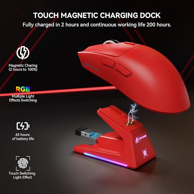 ATTACK SHARK X1 Superlight Wireless Gaming Mouse with RGB Magnetic Charging Dock, BT/2.4G Wireless/Wired Gaming Mouse, PAW3395PRO Gaming Sensor, 40000DPI, 53g Office Mice for PC/Mac/Win/Xbox (Red)