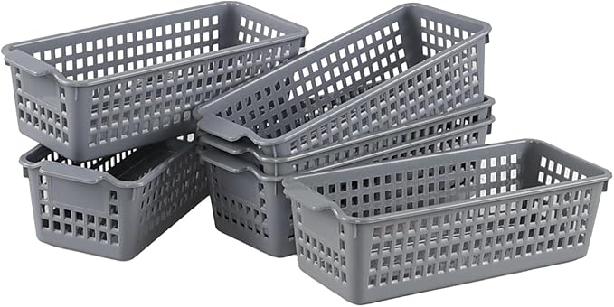 Ggbin 6 Packs Plastic Slim Storage Basket, Small Desktop Storage Basket Bins, Grey