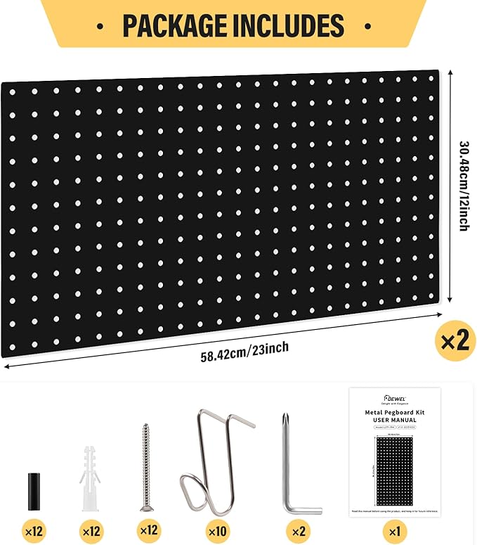 DEWEL Peg Board 2 Pack, 23x12 Inch Metal Pegboard Panels with Hooks, Black Heavy Duty Wall Organizer System for Garage Tool Storage, Workshop, Office and Craft Room（2pcs black）