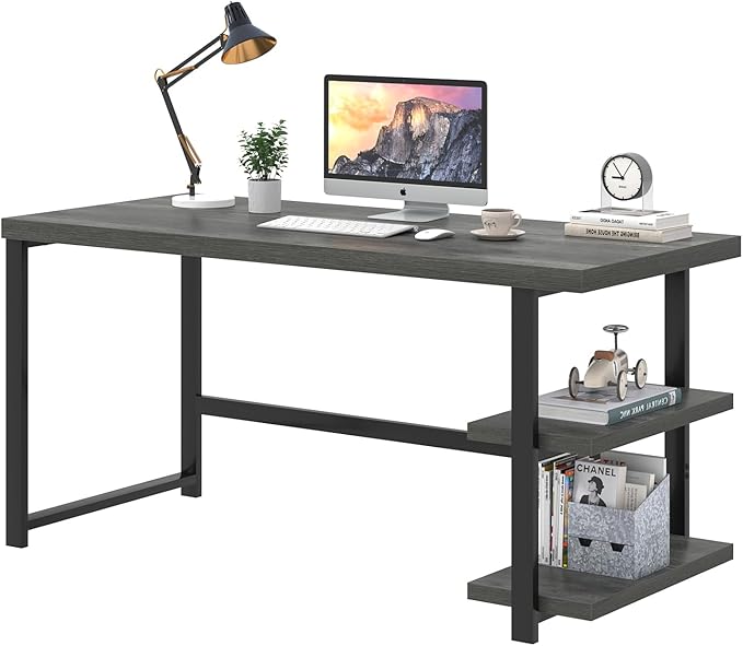 EXCEFUR Industrial Computer Desk, Home Office Desk with Storage Shelves, Wood Study Writing Table for Bedroom, Living Room, Grey, 53 Inch