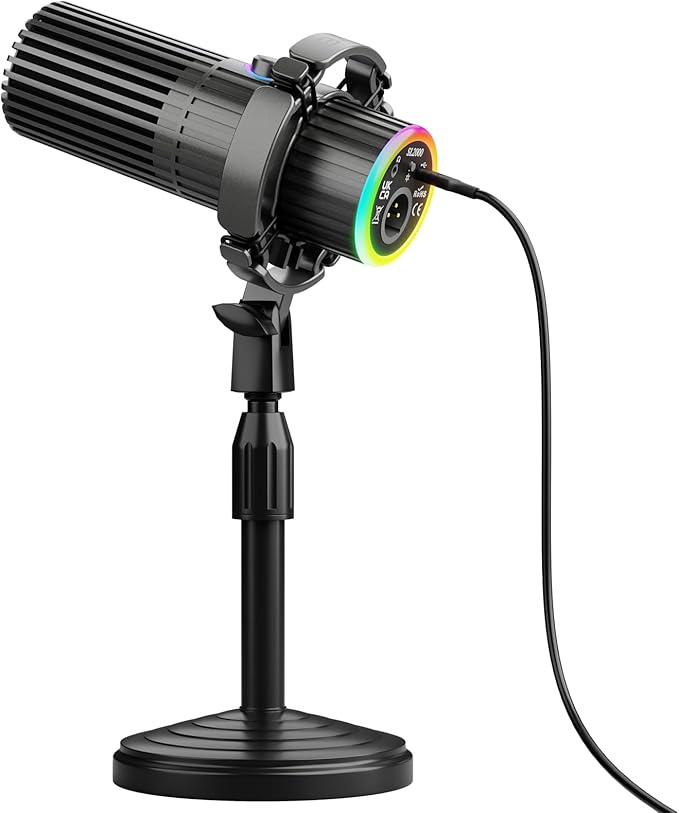 BASN USB/XLR Dynamic Microphone, Live Streaming, Gaming Recording with Three-in-One Mute Button,RGB Lighting and MIC Stand for PC (Gray) SL2000