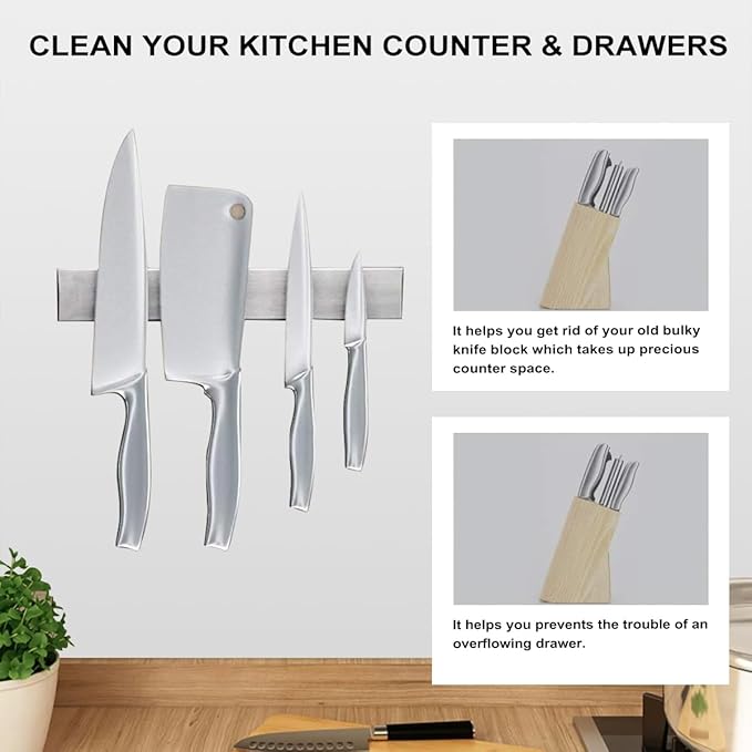 16 Inch Black Magnetic Knife Holder for Wall, No Drilling Adhesive Knife Strip with Powerful Magnet and Expanded Screws, Wall Mount Knife Rack for Knives, Includes Adhesive Tape (Silver White)