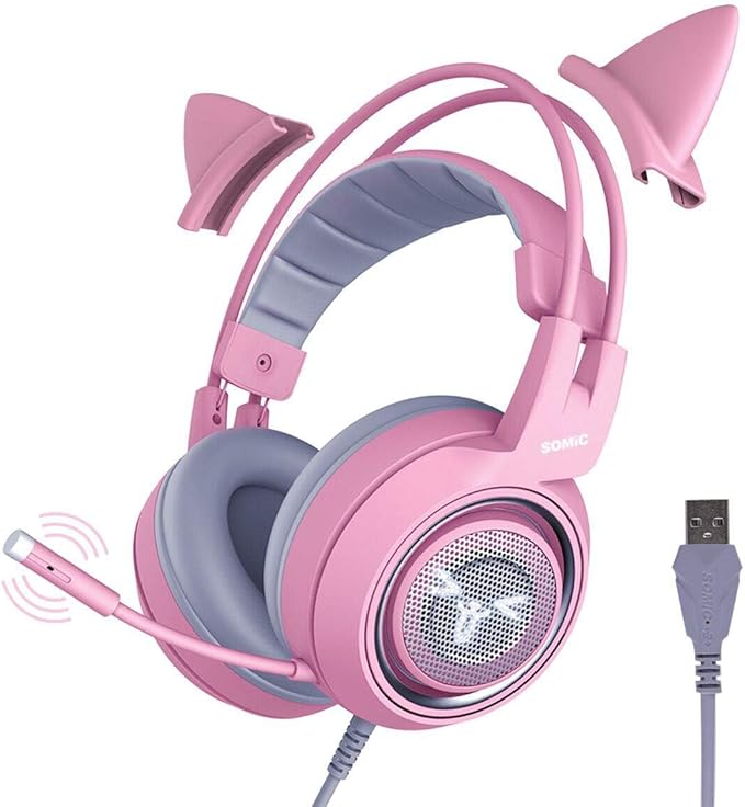 SOMIC G951pink Gaming Headset for PC, PS4, PS5, Laptop, Cat Ear Headphone USB Gaming Headphones with Mic Noise Cancelling, LED Light, 7.1 Virtual Surround Sound for Girls, Women