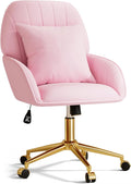 Pink Velvet Desk Chair with Pillow, Upholstered Home Office Desk Chair Makeup Vanity Chair with Swivel Wheels, Ergonomic Office Chair Computer Task Chair for Living Room, Bedroom