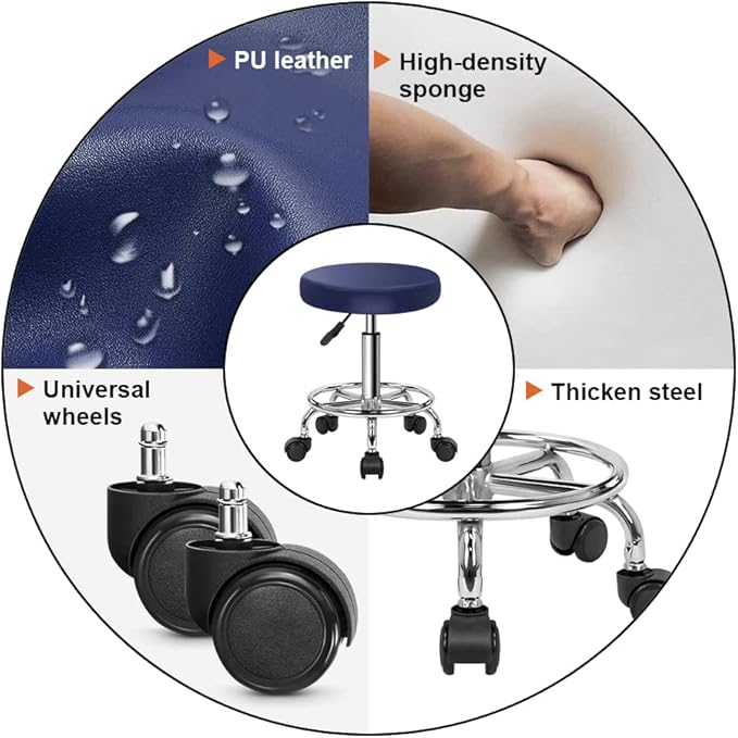 KKTONER PU Leather Round Rolling Stool with Foot Rest Swivel Height Adjustment Spa Drafting Salon Tattoo Work Office Massage Stools Task Chair Cushion 14 inches (Blue)