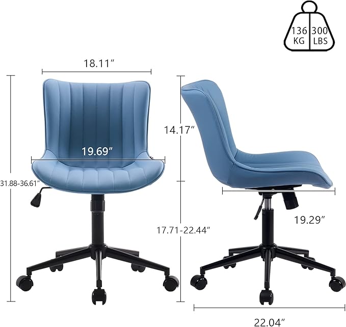 YOUNIKE Blue Office Desk Chair with Wheels Comfy Armless Vanity Chair with Back Modern Small Faux Leather Upholstered Rolling Task Chair Cute Computer Drafting Sewing Chair Swivel Adjustable Compact