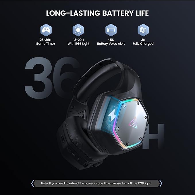 EKSA 2.4GHz Wireless Gaming Headset for PC, PS4, PS5, Gaming Headphones with Noise Cancelling Microphone, 7.1 Surround Sound, 36Hr Battery, RGB, 3.5mm Wired Computer Headset