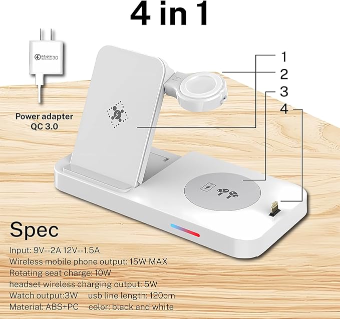 6-in-1 Fast Wireless Charging Station for iPhone 16/15/14/13, Apple Watch Ultra/9/8, AirPods Pro,18W Qi-Certified (B19-C-WHITE)