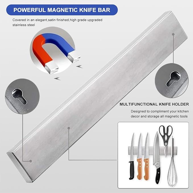 16 Inch Black Magnetic Knife Holder for Wall, No Drilling Adhesive Knife Strip with Powerful Magnet and Expanded Screws, Wall Mount Knife Rack for Knives, Includes Adhesive Tape (Silver White)