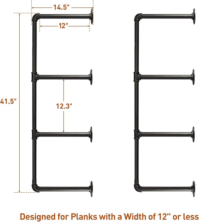 HITOMEN Industrial Iron Pipe Shelves, 2 Set 4-Tier 41.5" Tall 12" Depth, DIY Open Bookshelf Bookcase, Wall Mounted Vintage Retro Shelving, Rustic Farmhouse Pantry Kitchen Storage, Black Shelf Brackets
