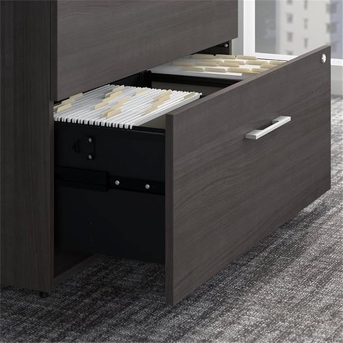 Pemberly Row Set of 2 L-Shaped Desk & Lateral File Cabinet in Storm Gray