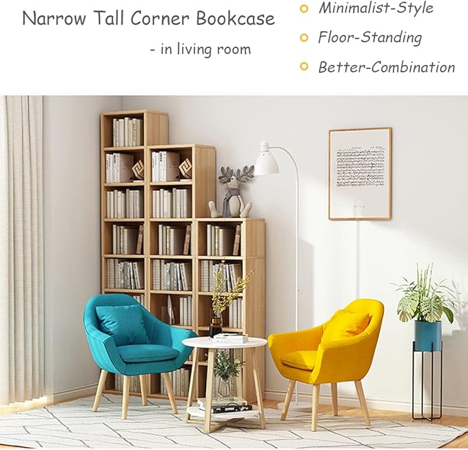IOTXY Small Narrow Corner Bookcase - 59" Tall Free Standing Gap Storage Cabinet, 6 Lattices Open Shelves Tower Rack with Door, Cubes Bookshelf, White