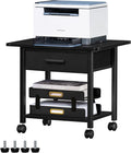 Lerliuo Under Desk Rolling Printer Stand with Drawer, 2-Tier Industrial Mobile Printer Table Desk with Storage Shelf and Steel Frame, Printer Cart Holder with Lockable Wheels for Home, Office (Black)