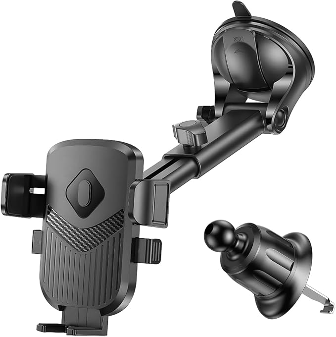 Car Phone Holder, 360° Adjustable Strongest Suction Vehicle Windshield Dashboard Air Vent Cell Phone Mounts, Hands Free Automotive Interior Smartphone Stand, Universal Fit (Black)