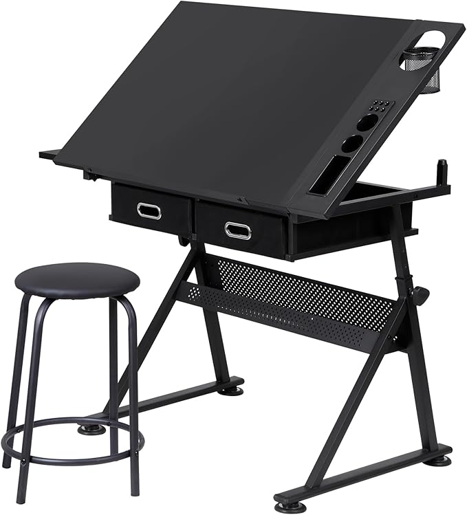 Nova Microdermabrasion Height Adjustable Drafting Table - Art/Craft Desk with Stool and 2 Slide Drawers for Reading, Writing, Crafting, Painting