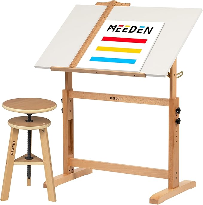 MEEDEN White Board Drafting Table and Stool Set, Height Adjustable Artist Wooden Stool and Craft Table, Tiltable Tabletop of Drawing Desk, Perfect for Writing, Artwork, Artists Studio