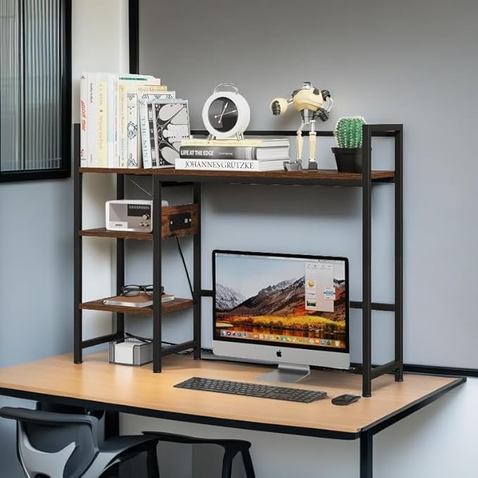 Book Shelf with 3 Tier Open Shelf, Bookcase with Light Strip and Outlet, Bookshelf & Desk Shelfs for Computer Desks, Desk Hutch Bookshelfs for Home Office Adjustable Desktop Shelf Rustic Brown