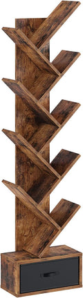 Rolanstar Tree Bookshelf with Drawer, 9 Shelf Bookshelf, Wooden Bookcase Storage Rack for CDs/Movies/Books, Corner Bookshelves, Utility Organizer Shelves for Living Room, Bedroom, Rustic Brown