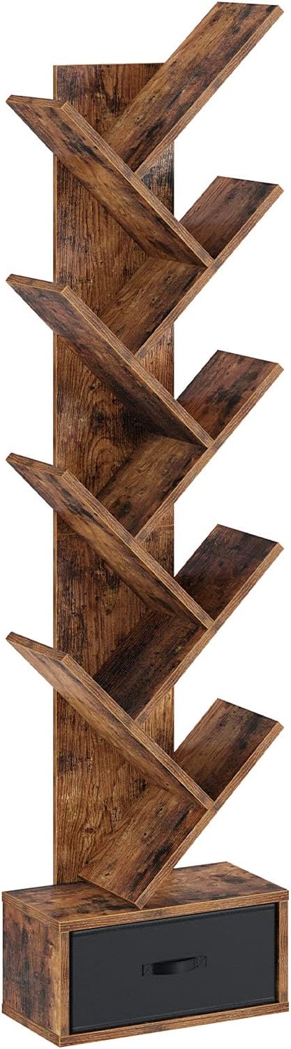Rolanstar Tree Bookshelf with Drawer, 9 Shelf Bookshelf, Wooden Bookcase Storage Rack for CDs/Movies/Books, Corner Bookshelves, Utility Organizer Shelves for Living Room, Bedroom, Rustic Brown