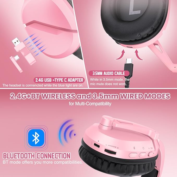 WolfLawS Wireless Gaming Headset with Noise Canceling Microphone for PS5, PC, PS4, 2.4G/Bluetooth Gaming Headphones with USB and Type-c Connector, Wired Mode for Controller - Pink