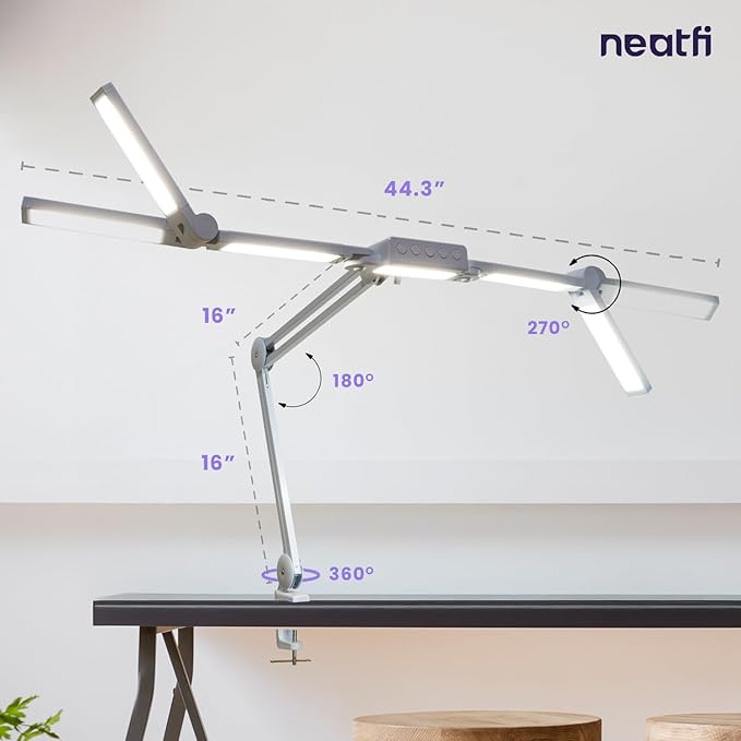 Neatfi 3,000 Lumens LED Desk Lamp, Dimmable, 360 SMD LEDs, 30W, CRI 95, Adjustable Light Modes, Task Lamp for Home Office, Study, Workstation (White, 44-Inch, CCT with Clamp)