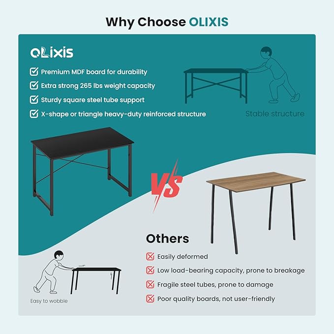 OLIXIS 47 Inch Home Office Desk, Small Computer Work Table with X-Shaped Reinforcement, Home Simple Modern Writing Study Table, Black