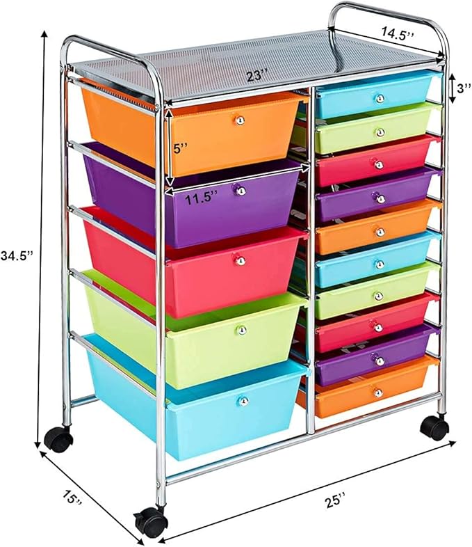Moccha 15-Drawer Rolling Storage Cart - Under Desk Storage Drawers with wheels for Craft Art Supply Paper Salon, Scrapbook Paper Tools, Mobile Utility Cart for Classroom (15 Drawers, Multicolor)