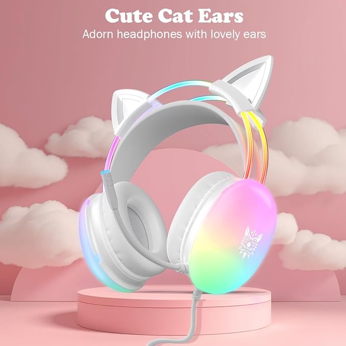 Cat Ear Gaming Headset with Mic, RGB Rainbow Lighting, Surround Sound, 3.5mm Wired Over-Ear Headphones for PC/Switch/Laptop, Lightweight and Adjustable Headband