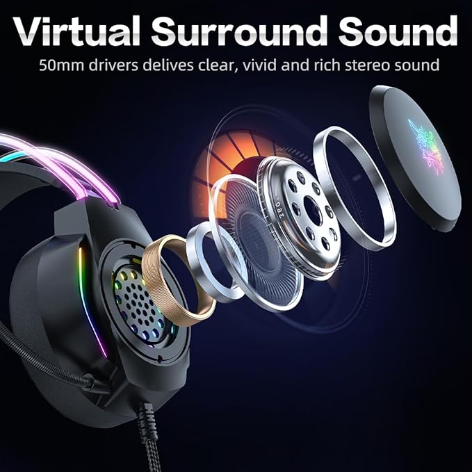 Gaming Headset with Microphone, Deer Ears Headphones for PC Laptop PS4 PS5 Xbox Switch, Rainbow RGB Lighting & Virtual Surround Sound, 3.5mm Over Ear Headphones, Ergonomic