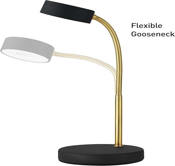 Globe Electric 30061 LED Desk Lamp, Adjustable Matte Gold Gooseneck, Black Finish, 5W Energy Star Integrated LED, 250 Lumens, 3000 Kelvin, 35 000 Hour Lifespan, in-Line On/Off Switch