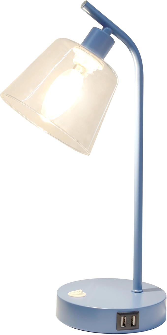 Simple Designs LD1074-BLU 15.75" Sleek Essentials Modern Industrial Metal Desk Lamp with Clear Glass Shade and Dual USB Ports, for Office, Desk, Nightstand, Dorm, Blue