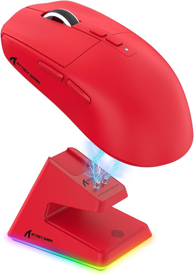 ATTACK SHARK X6 Lightweight Wireless Gaming Mouse with RGB Backlight Charging Base,Tri-Mode Wired/2.4GHz/BT5.2,26K DPI, PAW3395 Optical Sensor,HUANO Switch,5programmable Buttons,PC/Mac(Red)