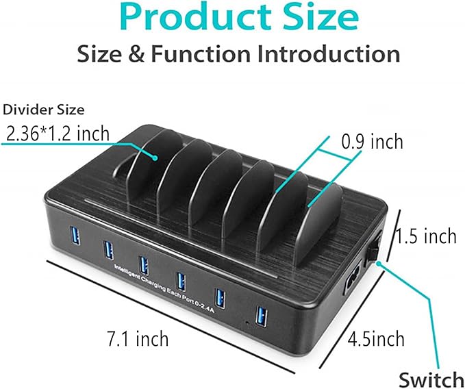 Charging Station for Multiple Devices,50W 6 USB Ports Family Charger Compatible with Apple iPhone iPad and Android Phone and Tablet