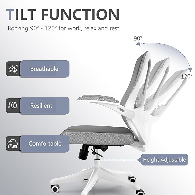300 LBS Ergonomic Office Computer Mesh Chair - Adjustable Height Rolling Desk Chair with Flip-Up Armrests & High Back Support - Comfortable Swivel Task Chair for Home Office