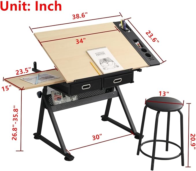 Drafting Table with Stool, Height Adjustable Drawing Table Art Table Painting Table Art Craft Desk with 0-75° Tilting Tabletop and Storage Drawers, Brown