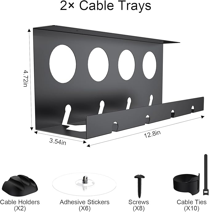 Cable Management Under Desk 2 Pack Under Desk Cable Management Tay Super Sturdy Metal Cable Raceway Tray for Cords/Power Strip (12.6 in)