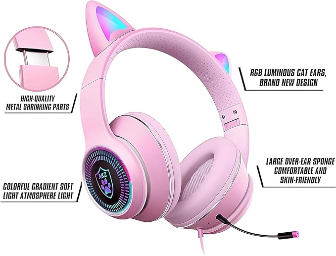 Cat Ear Gaming Headset with Mic RGB LED Light, Flashing Glowing Stereo Headphones, 7.1 Stereo Sound Surround Over-Ear Headset for PC, PS4, PS5, Nintendo Switch,Mobile(Pink)