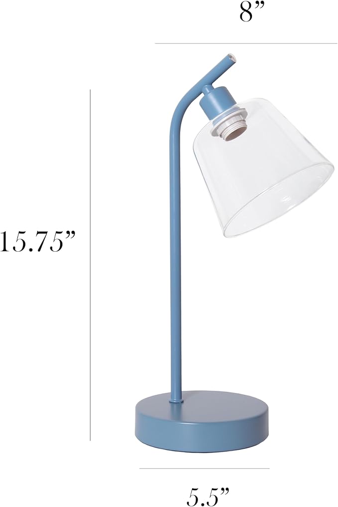 Simple Designs LD1080-BLU 16" Sleek Essentials Modern Industrial Metal Desk Lamp with Clear Glass Shade, for Office, Desk, Nightstand, Dorm, Blue