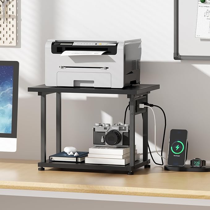 Asgolion Printer Table, 2-Tier Under Desk Printer Stand with Charging Station, Printer Stand with Wheels, PrinterShelf for Small Spaces, Printer Cart for Home Office Black