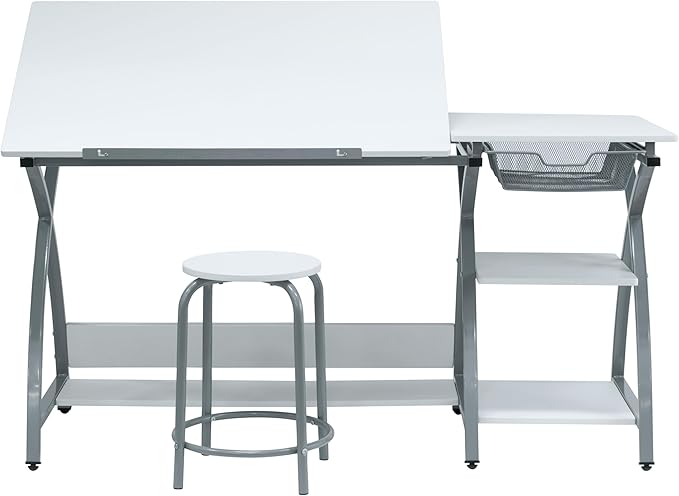 Deluxe Comet Craft Station with Stool, Adjustable Drafting & Art Desk with Storage Shelves, Pencil Ledge, Wire Mesh Drawer, 45° Tilting Top, Steel Frame, Silver/White