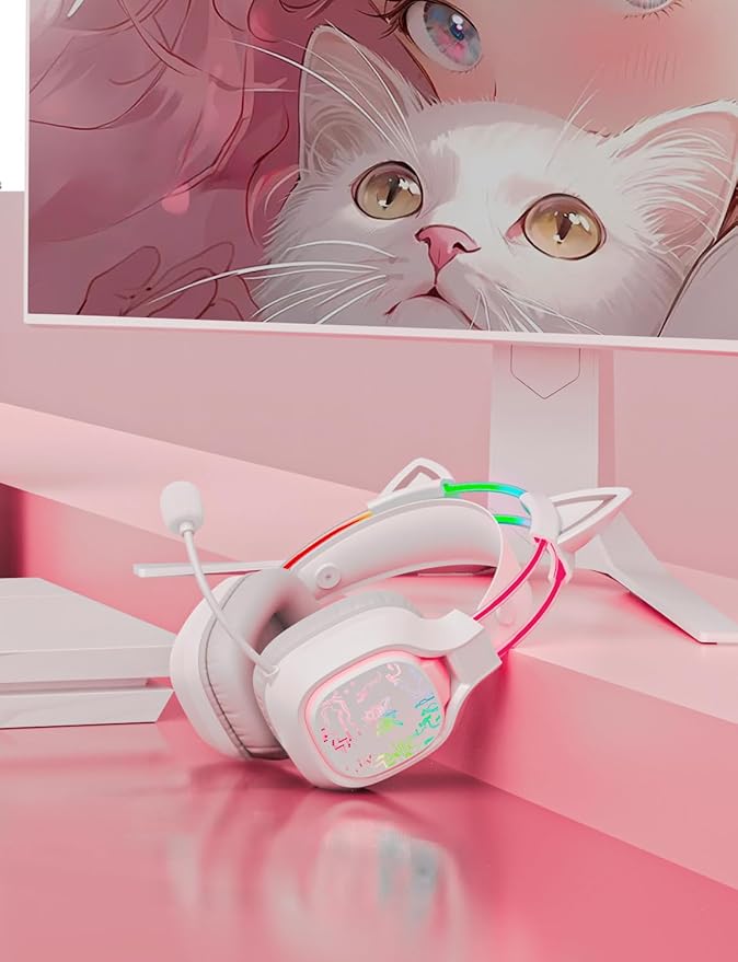 White Cat Ears for Headphone, Silicone Cute Kitty Ears Attachment, Lovely Detachable Accessories Fit for Gaming Headset, Lightweight & Durable