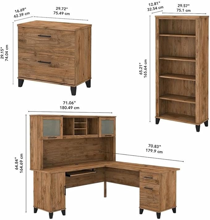 Pemberly Row 72W L Shaped Desk with Hutch, Storage, Lateral File Cabinet, and 5 Shelf Bookcase, Fresh Walnut Finish, Engineered Wood Home Office Furniture Set, Transitional Style