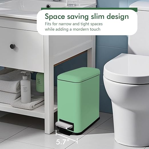 Small Bathroom Trash Can with Lid, Trash Can with Removable Liner, Soft Close lid & Step Pedal, Stainless Steel Trash Bin for Bathroom,Bedroom,Home Office (Green, 1.3 Gallon)