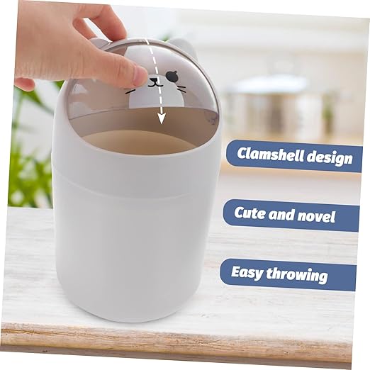 ULTECHNOVO Cartoon Bear Desktop Trash Can Lid Slim Mini Garbage Bin for Office and Bedroom Cute Plastic Waste Container